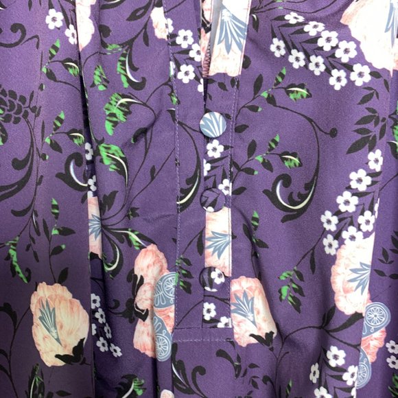 eShakti Floral Keyhole Blouse Top Size XL 16 Purple Crepe Unlined Pullover Boho - Picture 7 of 14